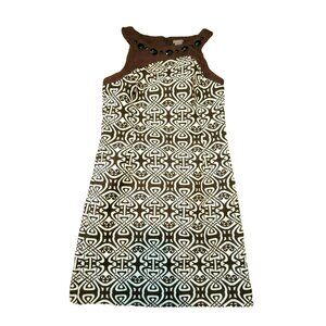 Ann Taylor Dress Brown White Sleeveless A-Line Beaded Neck Size 4 Petite JJ1531